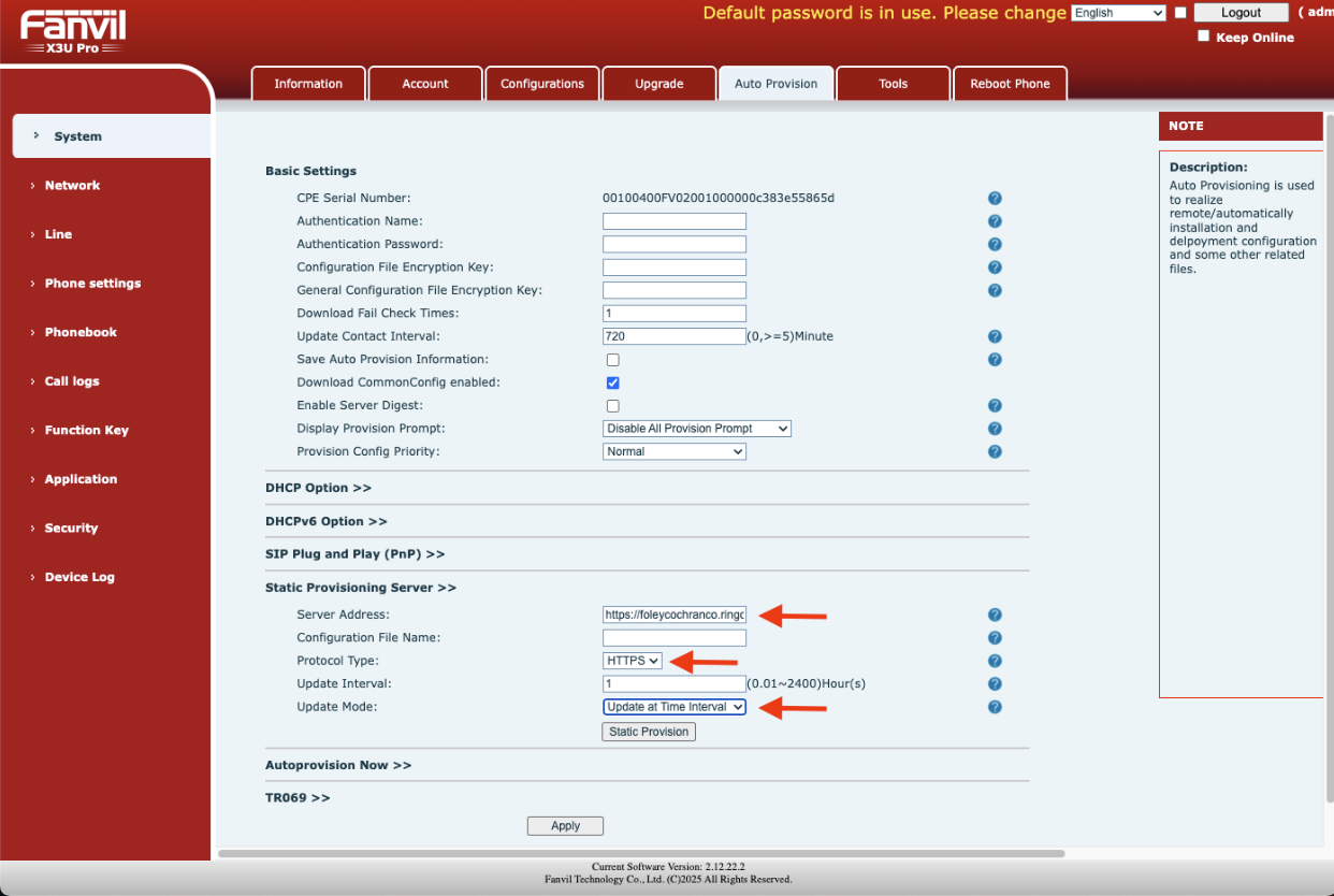 Auto-provision Fanvil IP Phone